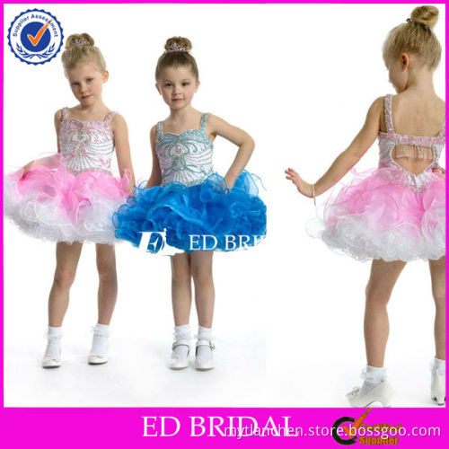 Spaghetti straps scoop Beaded Appliqued bodice Ruffled skirt A-line organza short flower girl dress